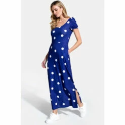 Hot Squash HotSquash Womens Navy Blue Polka Dot Scoop Neck Maxi T-Shirt Dress With Split