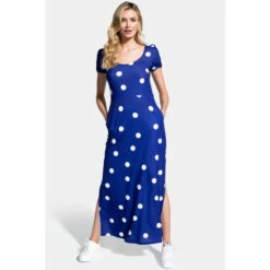 Hot Squash HotSquash Womens Navy Blue Polka Dot Scoop Neck Maxi T-Shirt Dress With Split -HotSquash Shop unnamed file 134
