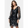 Hot Squash HotSquash Black Blouson Sleeved V-Neck Sequin Dress