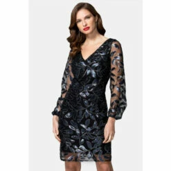 Hot Squash HotSquash Black Blouson Sleeved V-Neck Sequin Dress