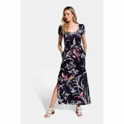 Hot Squash Womens Black Scoop Neck Maxi T-Shirt Dress With Split