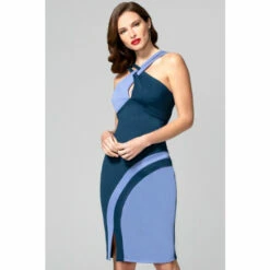 Hot Squash HotSquash Blue Halter Neck Colour Contrast Dress