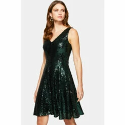Hot Squash HotSquash Green Sequin V-Neck Fit And Flare Dress