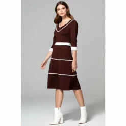 Hot Squash HotSquash Brown V-Neck Dress With Contrast Piping
