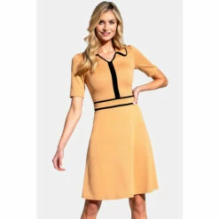 Hot Squash HotSquash Brown Contrast Piping Dress With Flared Skirt