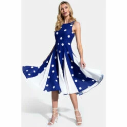 Hot Squash Womens Navy Polka Dot Pleat Midi Dress With Contrast Skirt