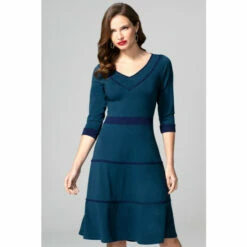 Hot Squash HotSquash Blue V-Neck Dress With Contrast Piping