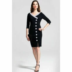 Hot Squash HotSquash Black 50s Silky Trimmed Button Wiggle Dress