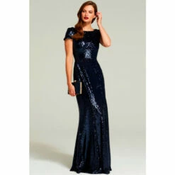 Hot Squash HotSquash Navy Blue Cowl Back Sequinned Fishtail Maxi Dress