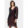 Hot Squash HotSquash Black Blouson Sleeved V-Neck Sequin Dress