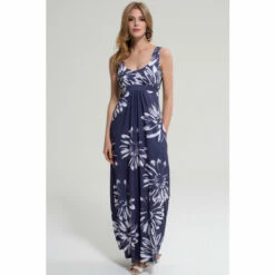 Hot Squash HotSquash Blue With White Flower Empire Line Maxi Dress