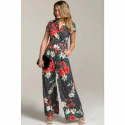 Hot Squash HotSquash Black Pin Striped Floral Wide Leg Jumpsuit
