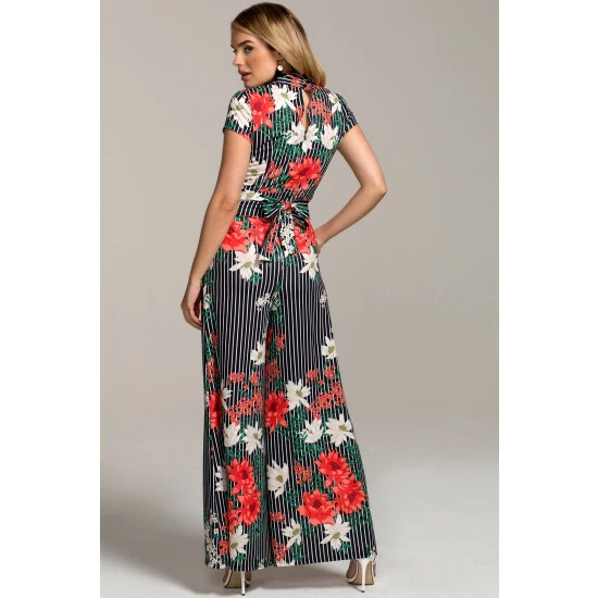 Hot Squash HotSquash Black Pin Striped Floral Wide Leg Jumpsuit 2 Hot Squash HotSquash Black Pin Striped Floral Wide Leg Jumpsuit - Image 2