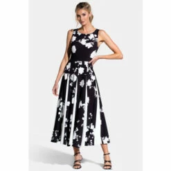 Hot Squash HotSquash Womens Black Box Pleat Midi Dress With Contrast Skirt