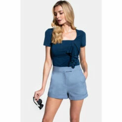 Hot Squash Blue Short Sleeved Waterfall Top